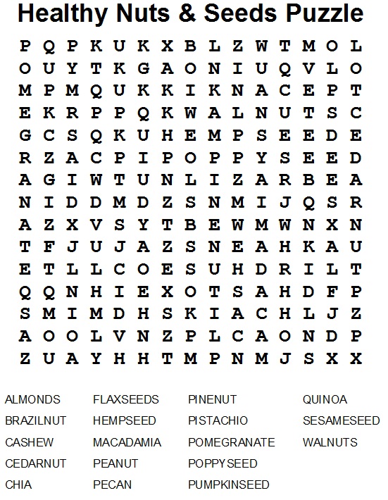 Where Are Healthy Nuts and Seeds? In a Word Search Puzzle 